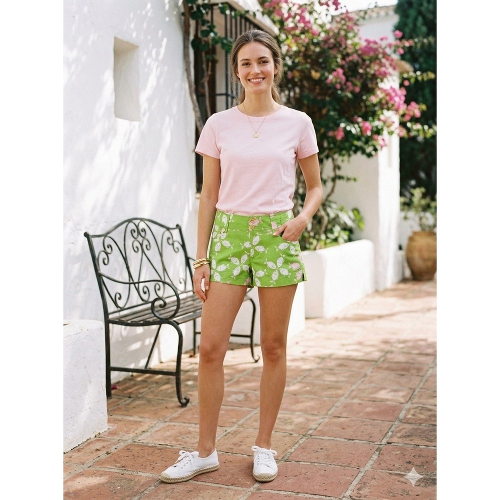 Lilly Pulitzer Palm Beach Fit Green Pink Fish Print Mini Shorts‎ Size 0